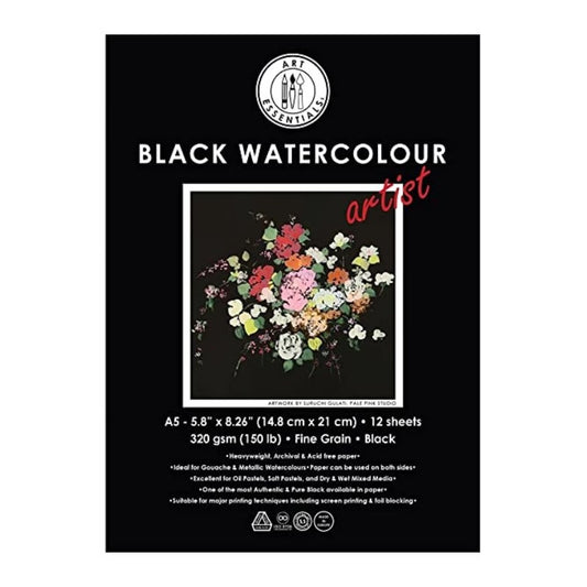 ART ESSENTIALS Black Watercolour Artist A5 Black Fine Grain / Vellum 320 GSM Paper,