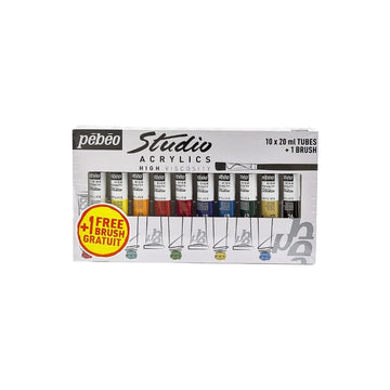 Pebeo Studio Acrylics Assorted 20-Milliliter Tubes Including 1 Brush, Set of 10