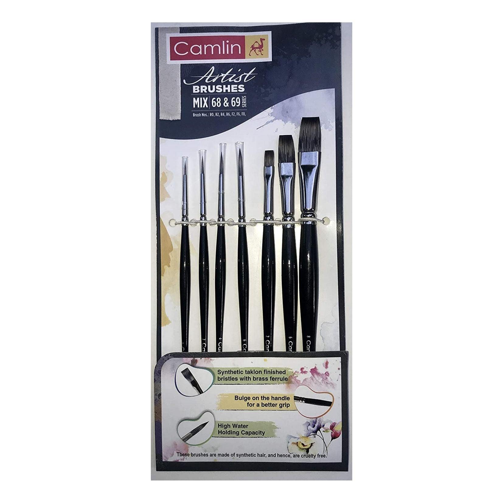 Camlin Kokuyo Artist Paint Brush Mix Series 68 & Series 69 - Round & Flat Synthetic, Set of 7 - Artoodlesstore