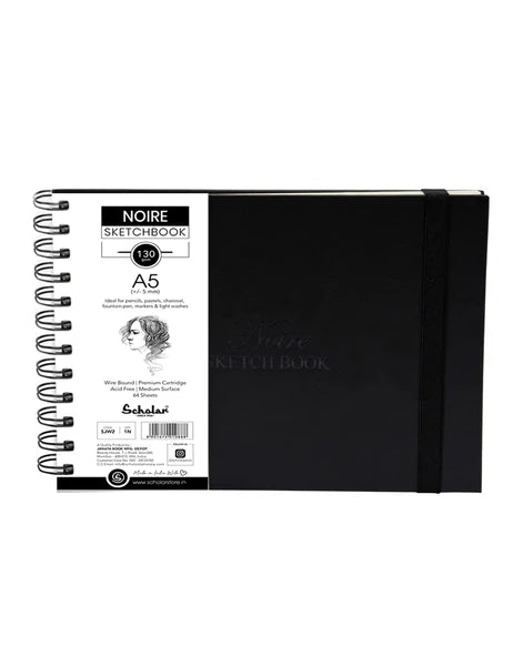 Scholar Noire Sketch Book (A5) (130 GSM Natural Shade Cartridge Paper) (Wiro Bound + Elastic Closure)