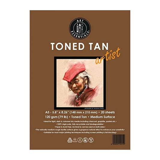 Art Essentials Toned Sketch Artist A5 Warm Tan Medium Surface 120 GSM Paper, Polypack of 20 Sheets