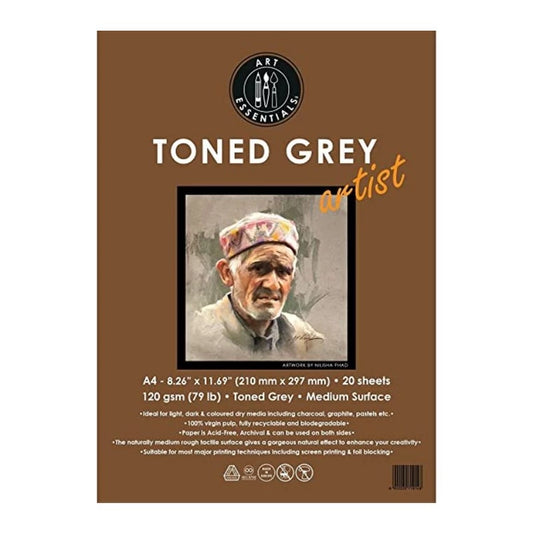 ART ESSENTIALS Toned Sketch Artist A4 Cool Grey Medium Surface 120 GSM Paper, Polypack of 20 Sheets,A4-20Sh